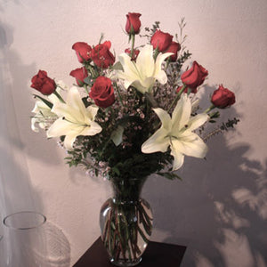 A Dozen Red Roses with Oriental Lilies